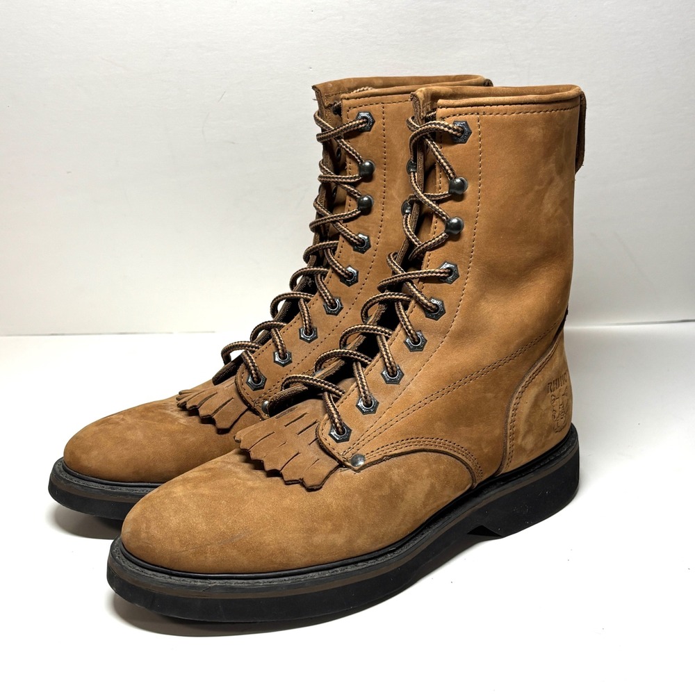 Rhino Work Boots Mens Size 8.5 Tan Nubuck Leather Kiltie Lace Up Gorpcore Hiking